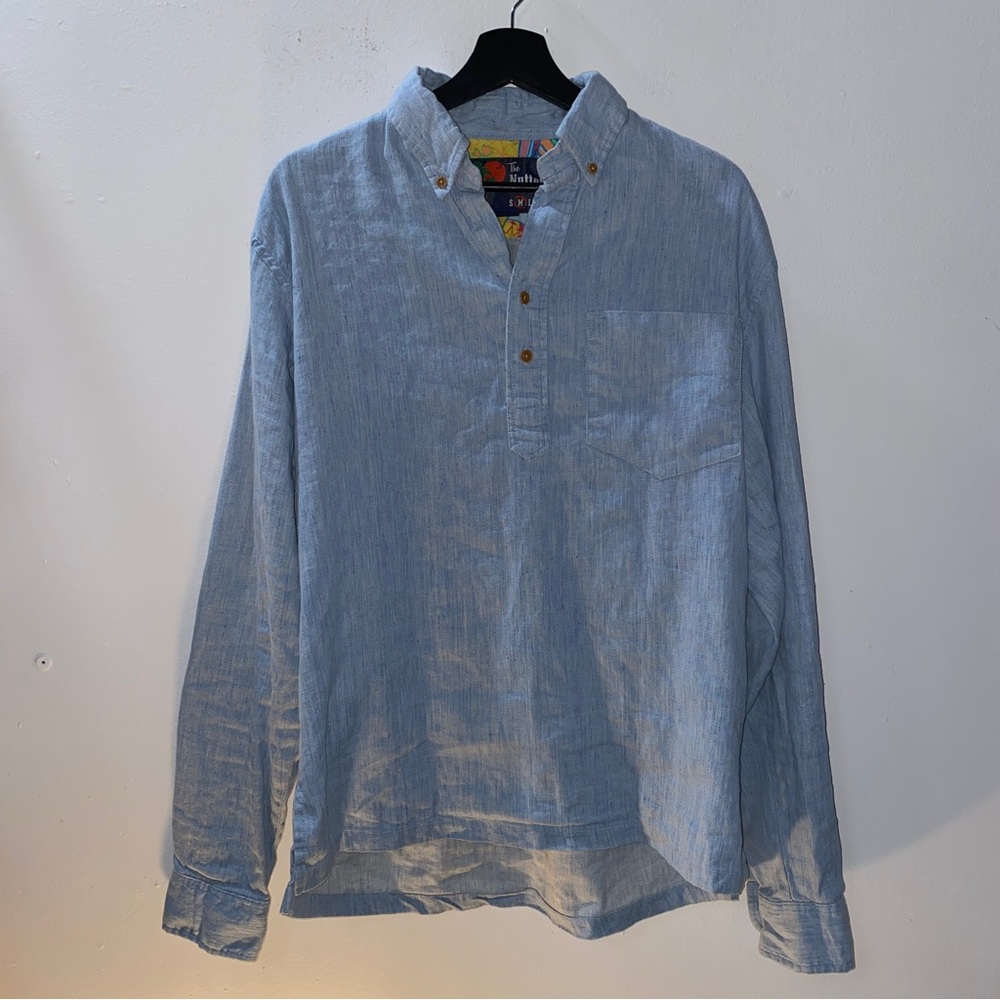 Chubbies The Nutter Blue Linen Pullover Long Sleeve Size Large Button Down Shirt